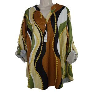 Emery Rose Retro-Inspired Tunic Top Women Size 2XL Earthy Wave Print NEW